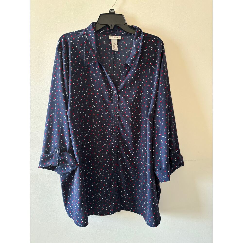 Catherines Navy Button-Down Blouse with Pink and White Dot Print